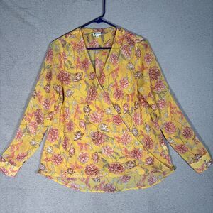 Kut From The Kloth Womens‎ Size S Blouse Sheer Roll Tab Faux Wrap Blouse Yellow